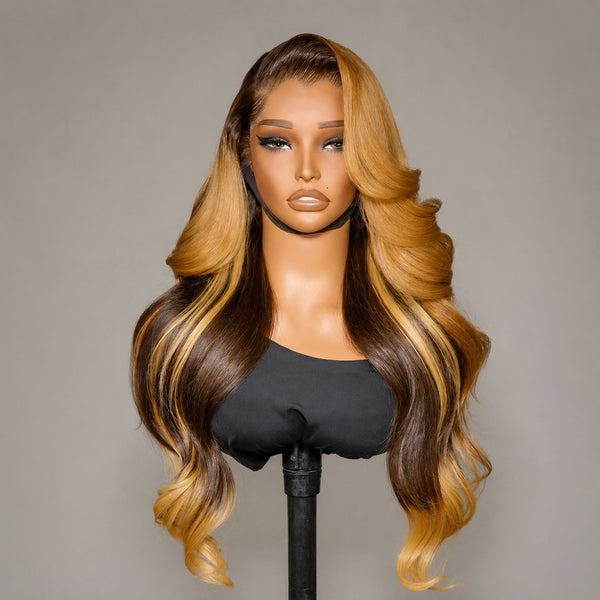 370 Fitted Cap Swiss Lace Layered Highlight Wavy Wig With Invisible Adjustable Strap