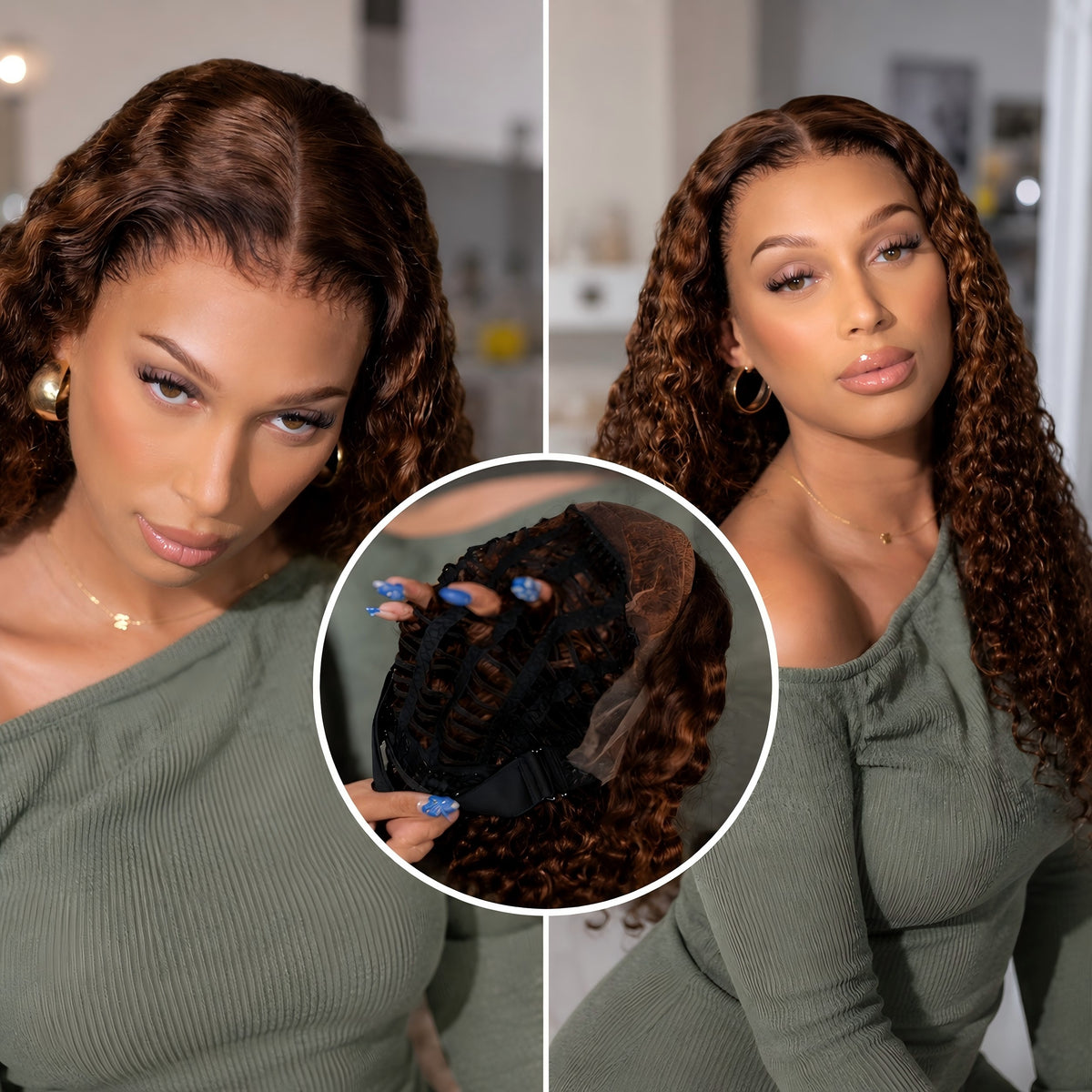 Glueless Air Cap "Mini Knotless" 5X5/13X6 HD Lace Front Wig Brown Highlight Burmese Curls