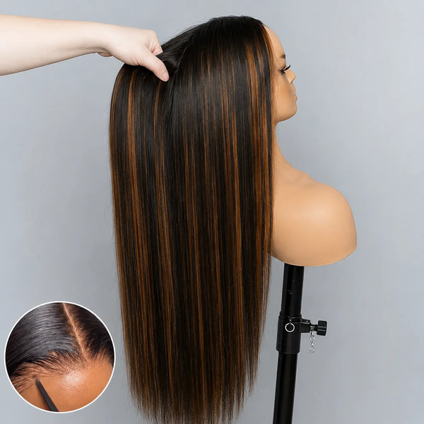 370 Fitted Cap 2.0 Precut Swiss Lace Straight Highlight Wig Invisible Adjustable Strap