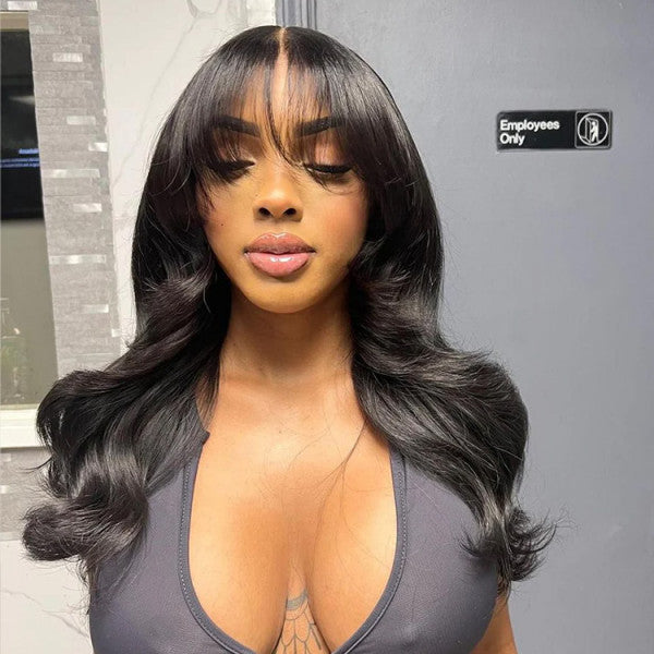 5x5 Transparent Lace Closure Glueless Body Wavy with Curtain Bangs Wig