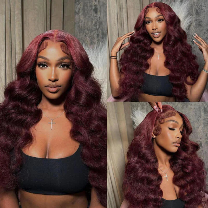 13x4/13x6 Transparent Lace Pre-plucked Dark #99J Burgundy Human Hair Wig