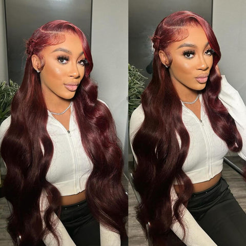 13x4/13x6 Transparent Lace Pre-plucked Dark #99J Burgundy Human Hair Wig