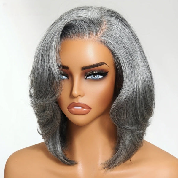 【Lux Customization】Layered Grey Bob Salt and Pepper 13x6 Swiss Lace Front wig