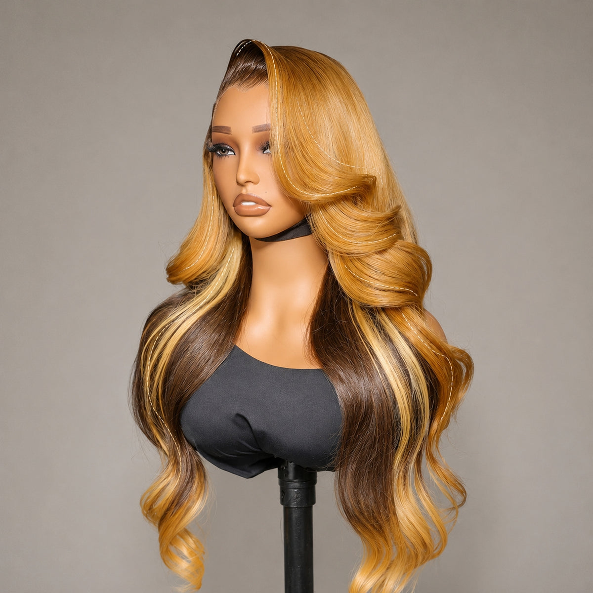 370 Fitted Cap Swiss Lace Layered Highlight Wavy Wig With Invisible Adjustable Strap
