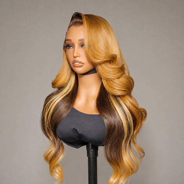 370 Fitted Cap Swiss Lace Layered Highlight Wavy Wig With Invisible Adjustable Strap