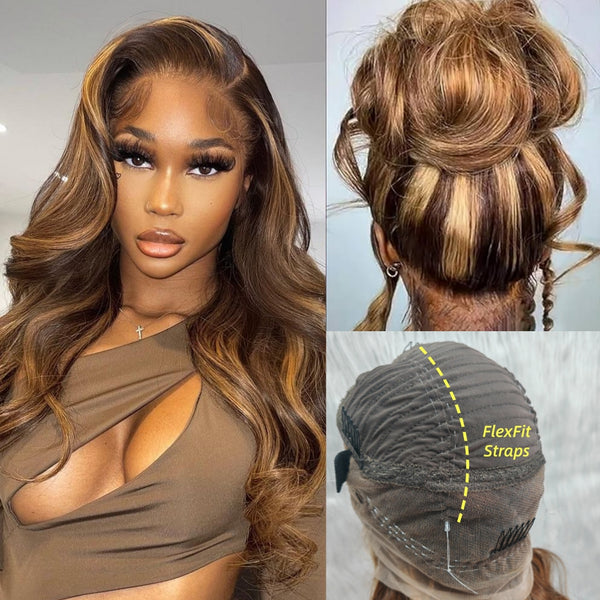 New 360 FlexFit Invisible Straps Swiss Lace Highlight Pre-Plucked Human Hair Wig