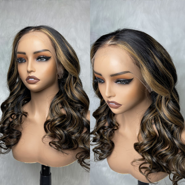 370 Fitted Cap Swiss Lace Body Wave Highlight Wig With Invisible Adjustable Strap