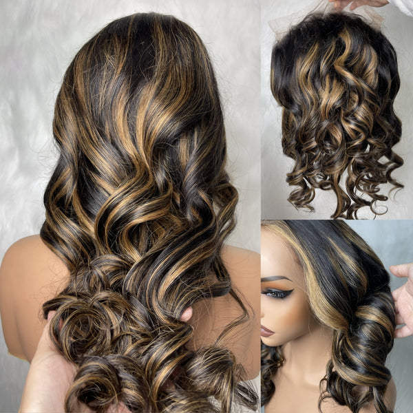 370 Fitted Cap Swiss Lace Body Wave Highlight Wig With Invisible Adjustable Strap