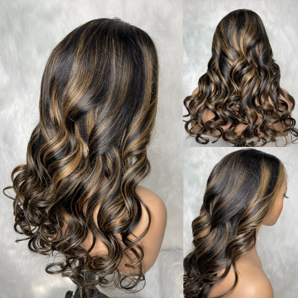 370 Fitted Cap Swiss Lace Body Wave Highlight Wig With Invisible Adjustable Strap