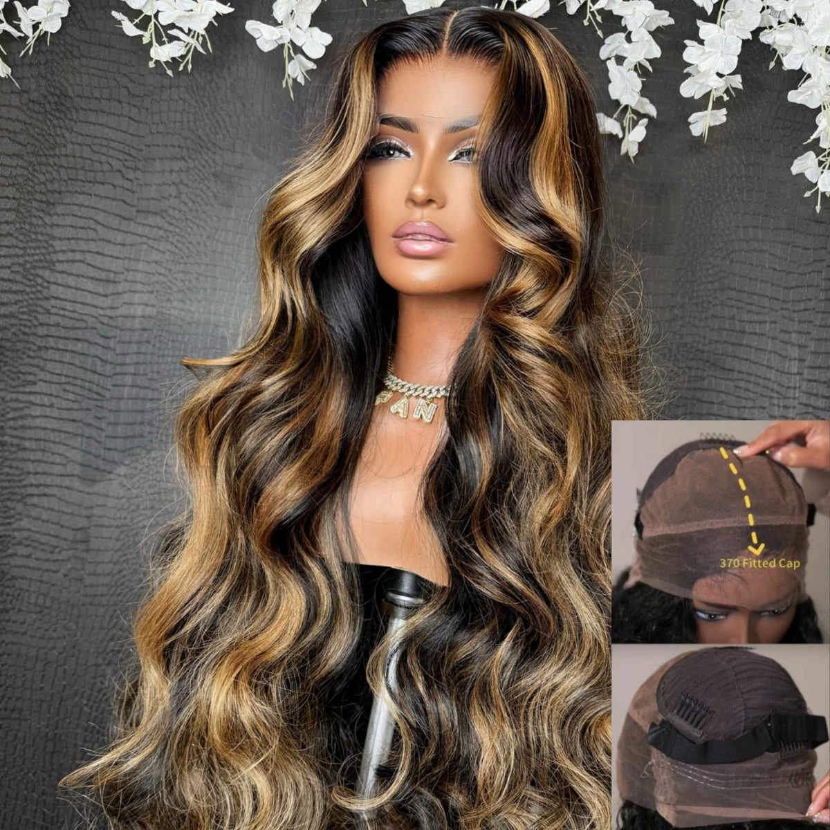370 Fitted Cap Swiss Lace Body Wave Highlight Wig With Invisible Adjustable Strap