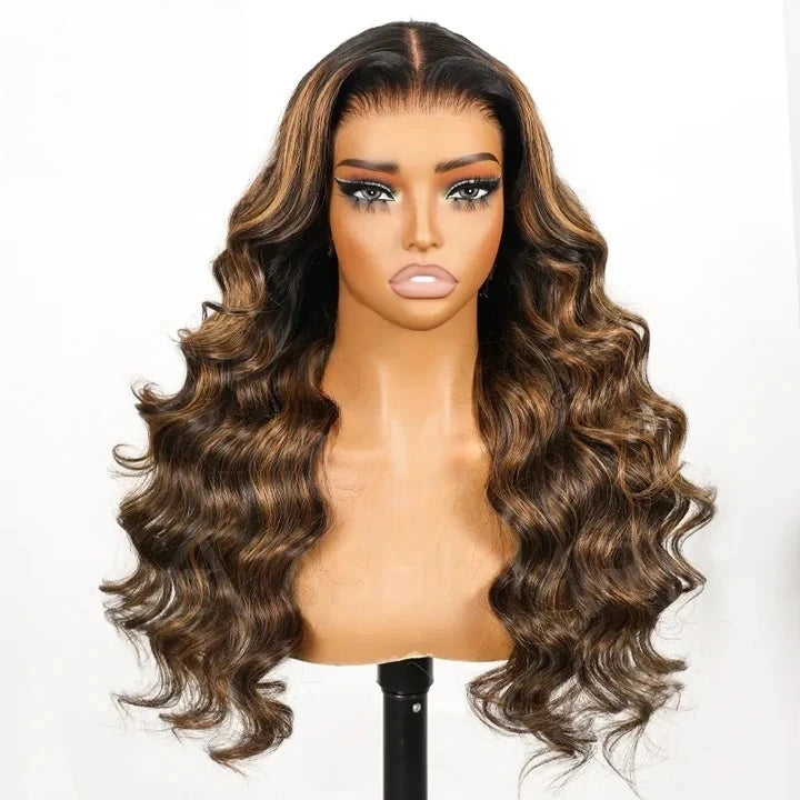 PRE-CUT EAR TAB 360 Lace “Mini-Knotless” Swiss Lace Brown Highlights Natural Wave with Invisible Adjustable Strap