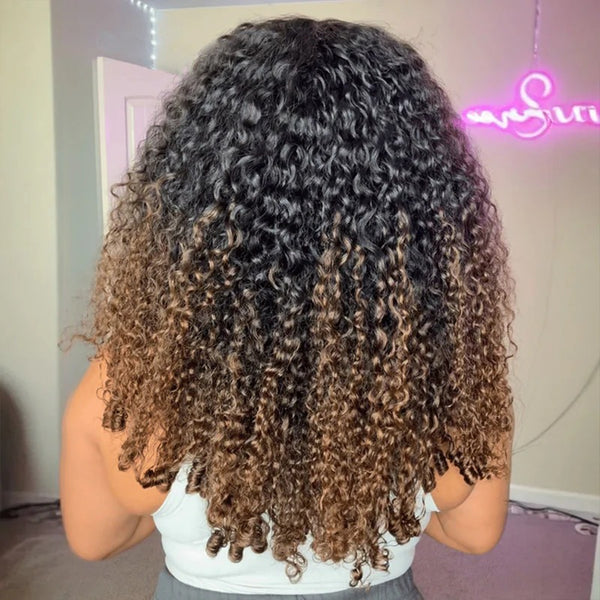 370 Fitted Cap Swiss Lace Ombre Wig Invisible Adjustable Strap Burmese Curly with Coily Ends