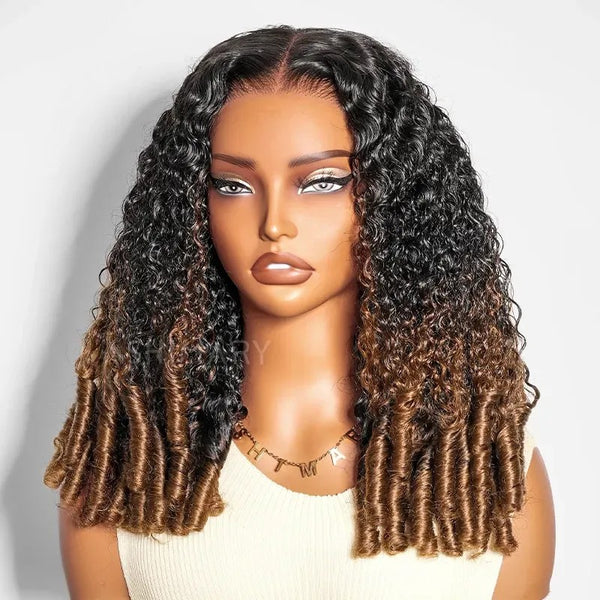 370 Fitted Cap Swiss Lace Ombre Wig Invisible Adjustable Strap Burmese Curly with Coily Ends