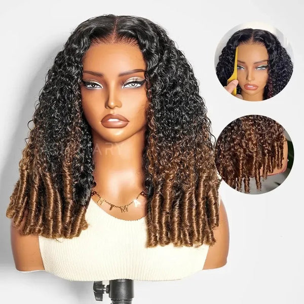 370 Fitted Cap Swiss Lace Ombre Wig Invisible Adjustable Strap Burmese Curly with Coily Ends