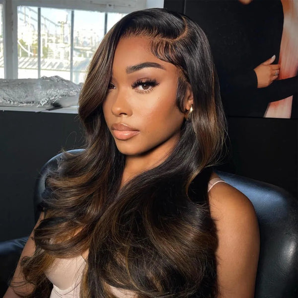 370 Fitted Cap Swiss Lace Wavy Balayage Highlight Wig With Invisible Adjustable Strap