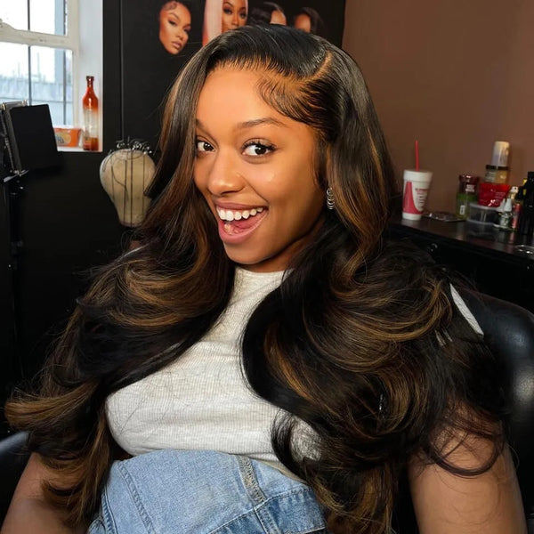 370 Fitted Cap Swiss Lace Wavy Balayage Highlight Wig With Invisible Adjustable Strap