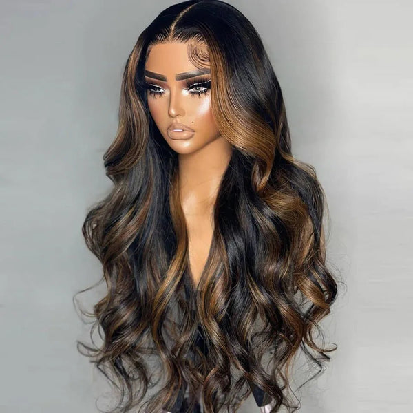 370 Fitted Cap Swiss Lace Wavy Balayage Highlight Wig With Invisible Adjustable Strap