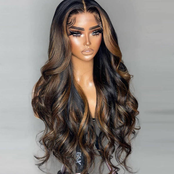 370 Fitted Cap Swiss Lace Wavy Balayage Highlight Wig With Invisible Adjustable Strap