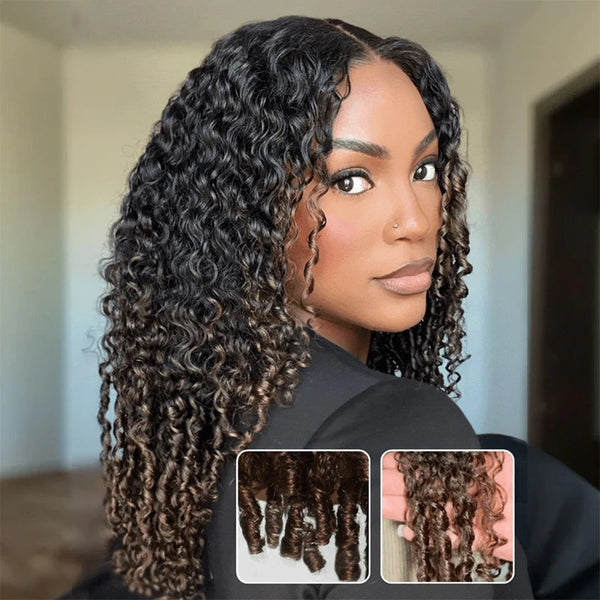 370 Fitted Cap Swiss Lace Ombre Wig Invisible Adjustable Strap Burmese Curly with Coily Ends