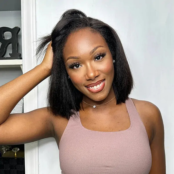 GORGEOUS SIDE PART SHORT CUT FRONTAL LACE FAKE SCALP WIG LIGHT YAKI