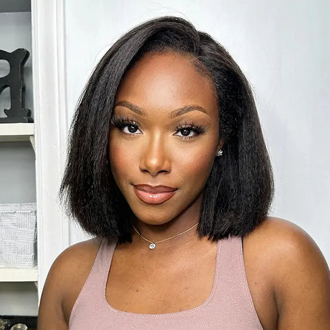 GORGEOUS SIDE PART SHORT CUT FRONTAL LACE FAKE SCALP WIG LIGHT YAKI