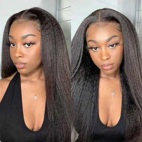 13x6 Full Frontal Drawstring  Pre-Cut Swiss Lace Closure Wig - Kinky Straight