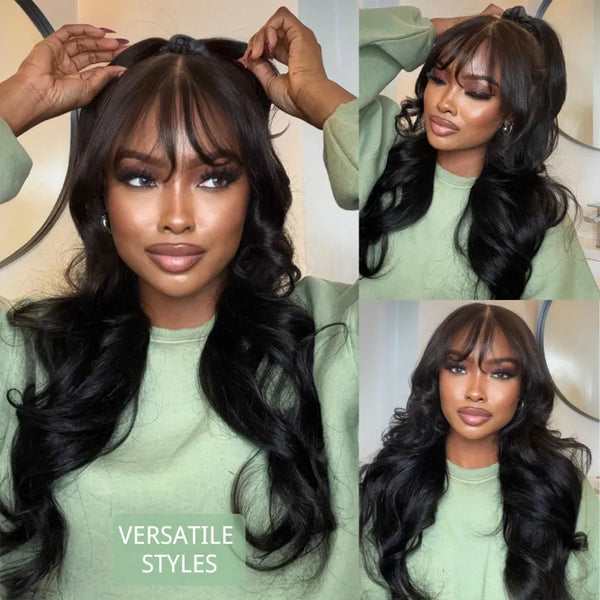 PRE-CUT EAR TAB 360 Lace “Mini-Knotless” Swiss Lace Natural Wave With Bangs with Invisible Adjustable Strap