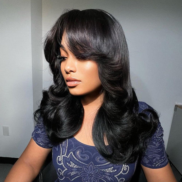 5x5 Transparent Lace Closure Glueless Body Wavy with Curtain Bangs Wig