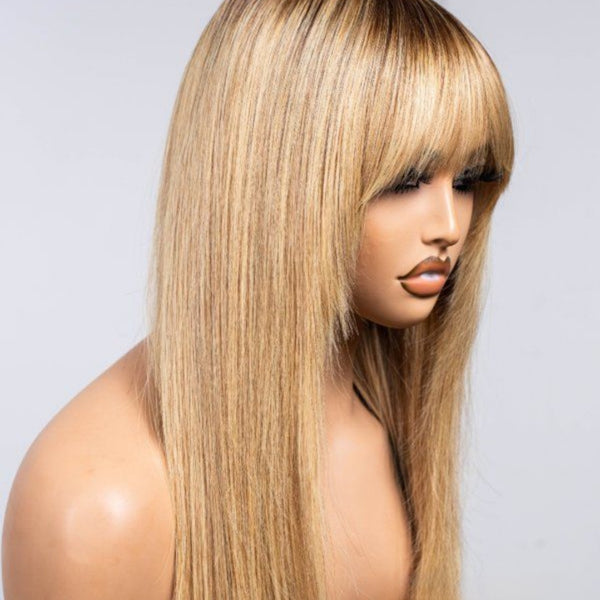 Long blonde Layered Straight 13X6 Lace Front Pre-plucked Hairline Wig With Bangs