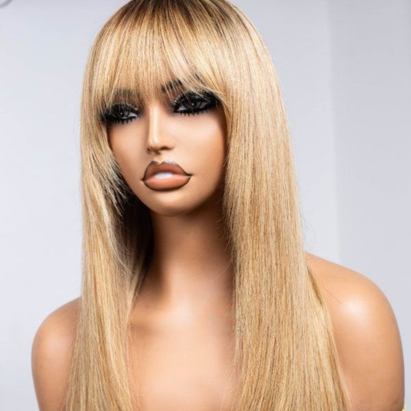 Long blonde Layered Straight 13X6 Lace Front Pre-plucked Hairline Wig With Bangs