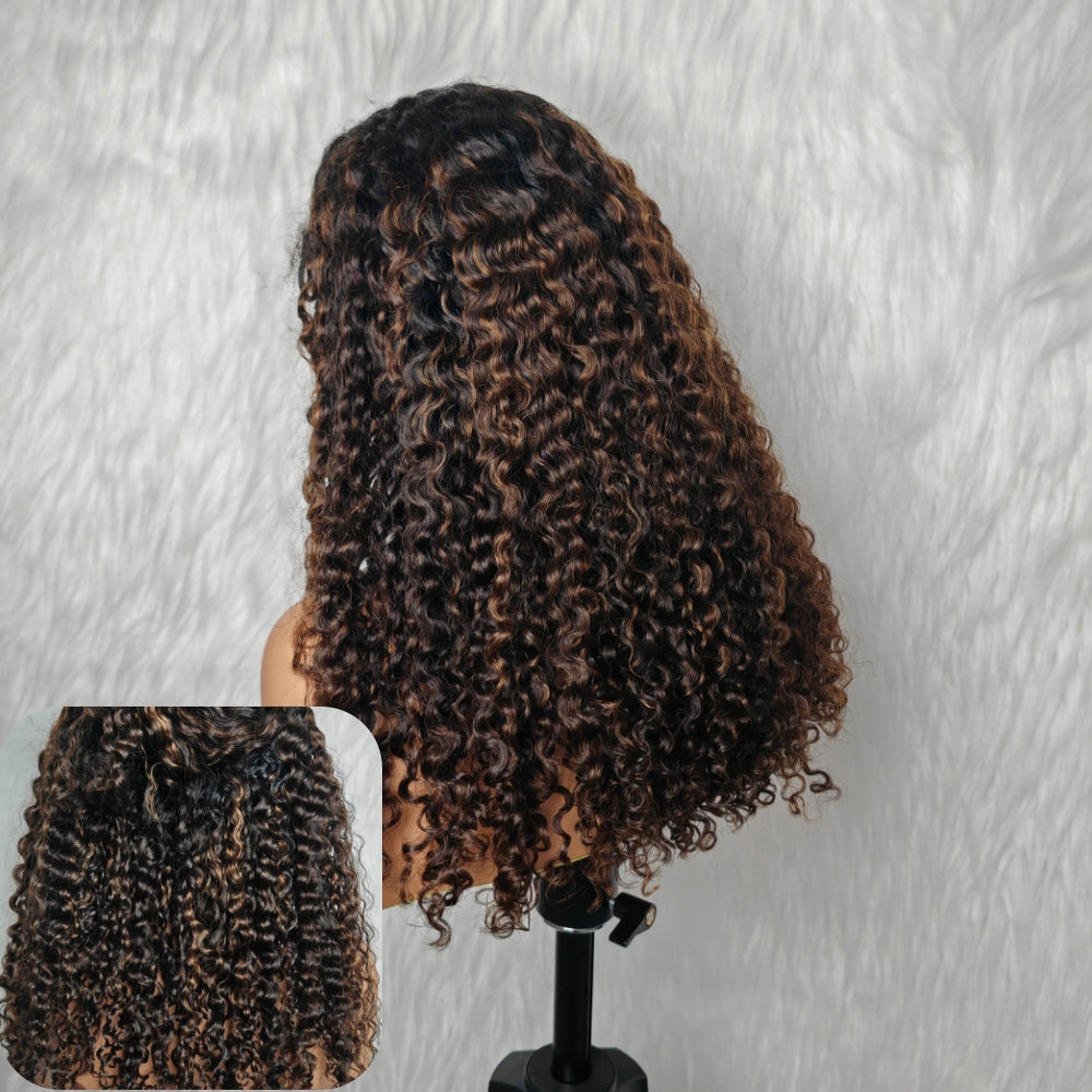 370 Fitted Cap Swiss Lace Burmese Kinky Curly Highlight Wig With Invisible Adjustable Strap