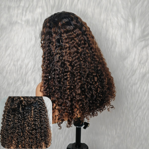 370 Fitted Cap Swiss Lace Burmese Kinky Curly Highlight Wig With Invisible Adjustable Strap
