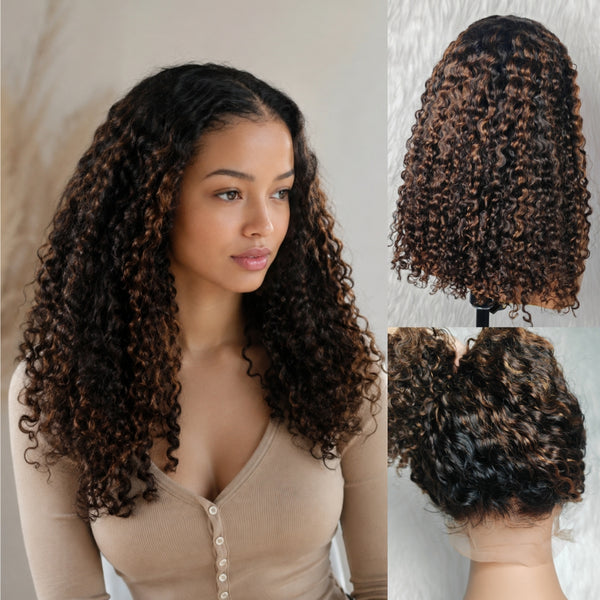 370 Fitted Cap Swiss Lace Burmese Kinky Curly Highlight Wig With Invisible Adjustable Strap
