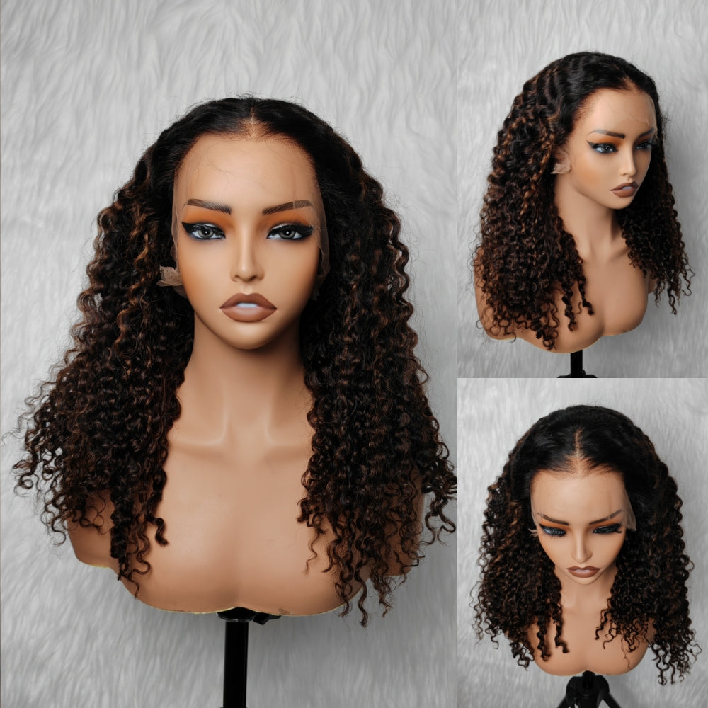 370 Fitted Cap Swiss Lace Burmese Kinky Curly Highlight Wig With Invisible Adjustable Strap