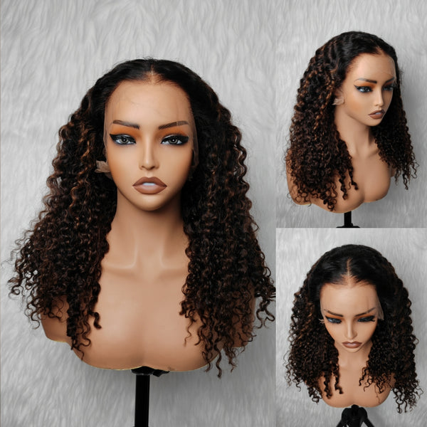 370 Fitted Cap Swiss Lace Burmese Kinky Curly Highlight Wig With Invisible Adjustable Strap