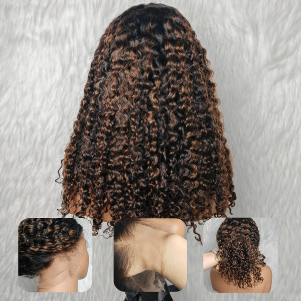 370 Fitted Cap Swiss Lace Burmese Kinky Curly Highlight Wig With Invisible Adjustable Strap