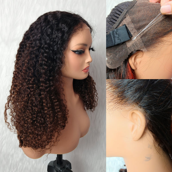 370 Fitted Cap 2.0 Precut Swiss Lace Ombre Kinky Curly Wig Invisible Adjustable Strap with Coily Ends