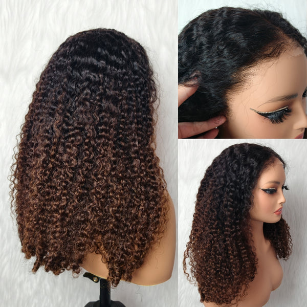 370 Fitted Cap 2.0 Precut Swiss Lace Ombre Kinky Curly Wig Invisible Adjustable Strap with Coily Ends
