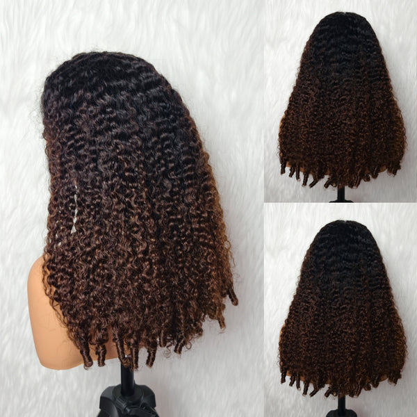 370 Fitted Cap 2.0 Precut Swiss Lace Ombre Kinky Curly Wig Invisible Adjustable Strap with Coily Ends