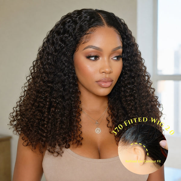 370 Fitted Cap 2.0 Precut Swiss Lace Ombre Kinky Curly Wig Invisible Adjustable Strap with Coily Ends