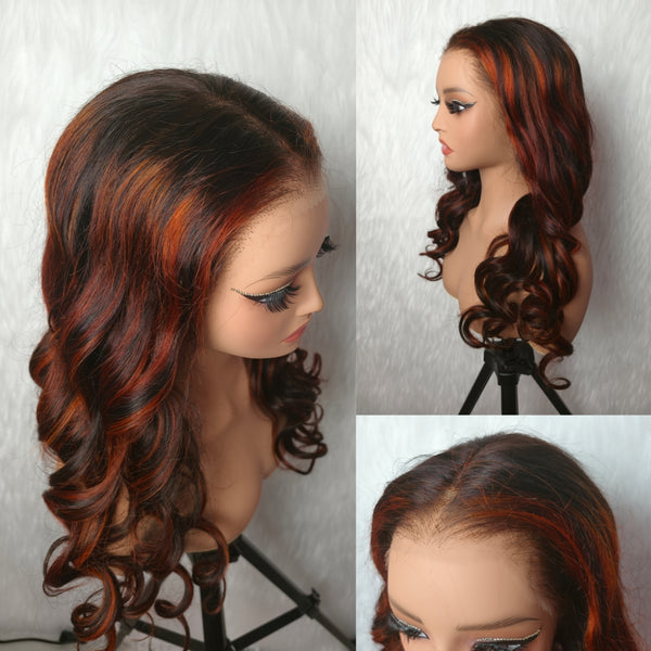 370 Fitted Cap 2.0 Precut Swiss Lace Ginger Highlight Wig Invisible Adjustable Strap