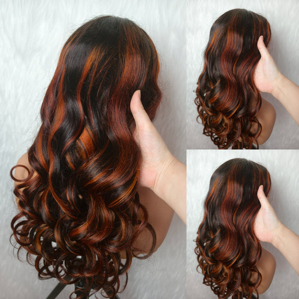 370 Fitted Cap 2.0 Precut Swiss Lace Ginger Highlight Wig Invisible Adjustable Strap