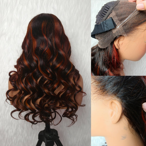 370 Fitted Cap 2.0 Precut Swiss Lace Ginger Highlight Wig Invisible Adjustable Strap