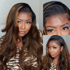 PRE-CUT EAR TAB 360 Lace “Mini-Knotless” Swiss Lace Brown Highlights Natural Wave with Invisible Adjustable Strap