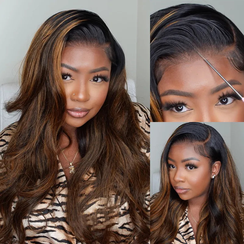 PRE-CUT EAR TAB 360 Lace “Mini-Knotless” Swiss Lace Brown Highlights Natural Wave with Invisible Adjustable Strap
