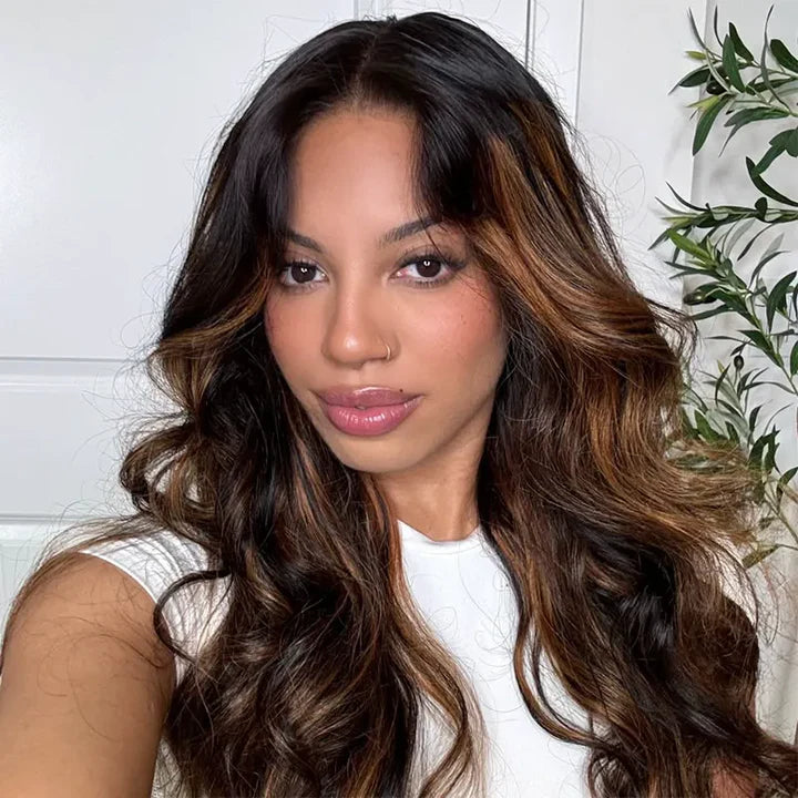 PRE-CUT EAR TAB 360 Lace “Mini-Knotless” Swiss Lace Brown Highlights Natural Wave with Invisible Adjustable Strap