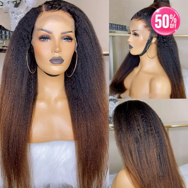 13x4/13x6 Transparent Lace Pre-plucked Ombre Brown Colored Kinky Straight Human Hair Wig