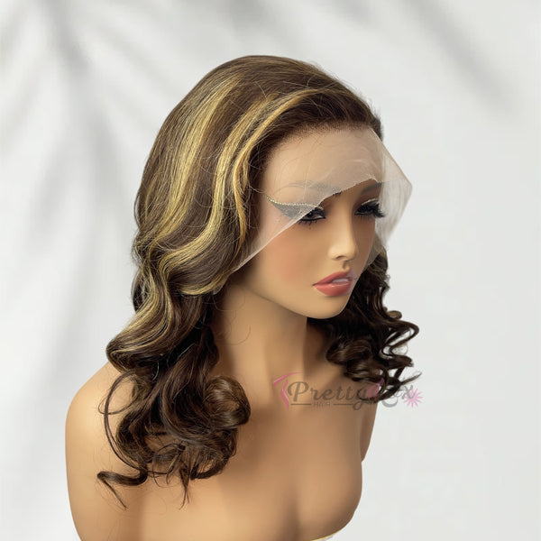 Light Brown Highlight Lace Front Wavy Bob Fake Scalp Wigs