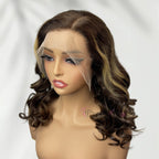 Light Brown Highlight Lace Front Wavy Bob Fake Scalp Wigs